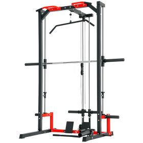 Smith Machine Power Rack with Pull Up Bar, Lat Pull Down System, Landmine, Squat Rack, Barbell Bar, for Home Gym (Color: default)