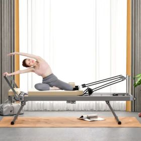 Pilates Reformer Machine for Home Gym Workout, Foldable Pilates Equipment with High Strength Alloy Springs for Beginners, Up to 330lbs,Beige (Option: defaulttitle)